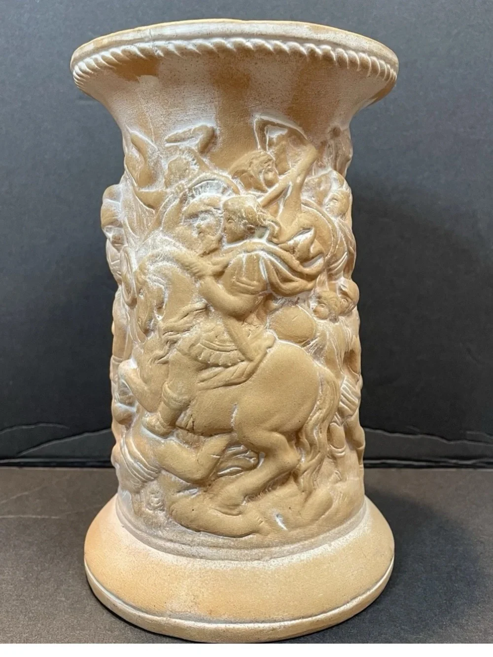Italian Terracotta Vase Roman Gladiator  Relief Carving White Powder Patina
